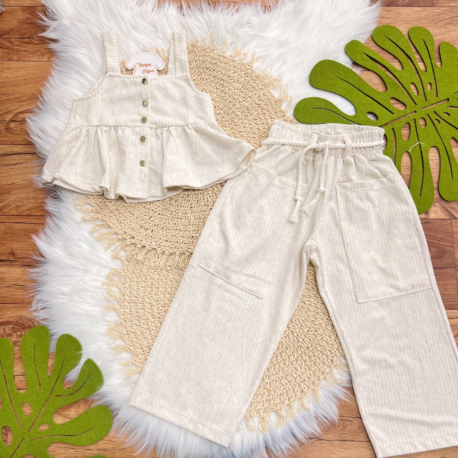 Conj. Cropeed e Calça Pantacourt em Linho - Areia